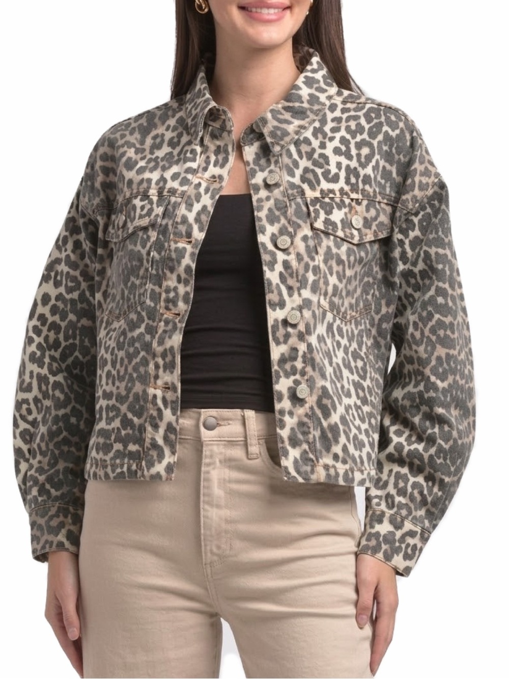 OAT New York Leopard Print Trucker Denim Jacket Cropped Boxy large NWT